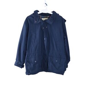 Vintage Eddie Bauer Mens L Navy Blue Flannel Plaid‎ Lined Hooded Field Jacket